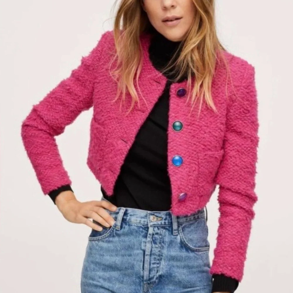 Mango Pink Tweed Jacket with Jewel Buttons, Size XS - Picture 2 of 13